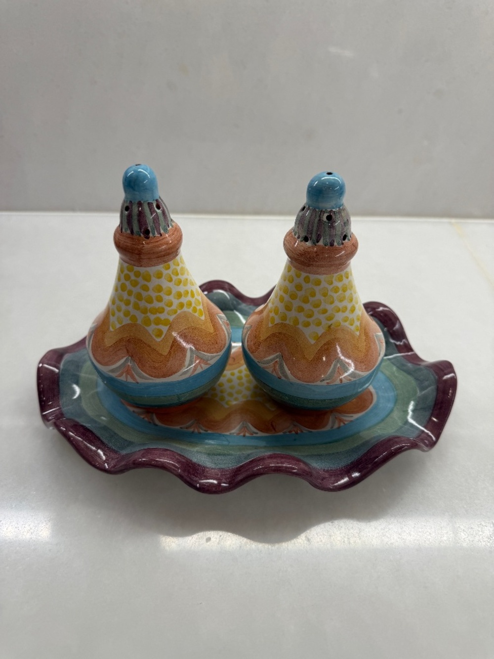 RARE, DISONTINUED & VERY COLORFUL Mackenzie Childs Salt & Pepper Shaker Set!